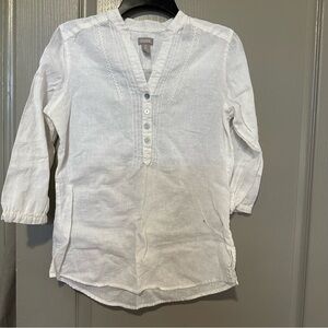 White Button-Up Tunic Top Chicos 0 Women Linen Cotton Quarter Sleeve Blouse